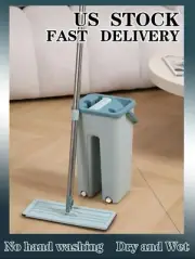 Floor Mop & Bucket Set w/ 2 Microfiber Pads ,Hand-Free Wash Clean -Free Shipping