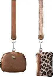 [Vulkitty] Keychain Wallet, Wristlet Purses for Women, Zip Around Dual Pouch Wristlet, Small Portable Key Chain Wallet Women, Zipper Card Holder Coin Purse Mini Coin Pocket, 2 Wristlet Strap, Leopard