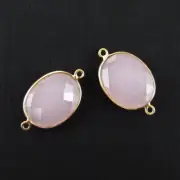Bezel Gemstone Connector - 14x18mm Faceted Oval - Pink Chalcedony (2 Pcs)