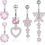 [HIJKLUY] Belly Button Ring Dangle Navel Belly Piercing Jewelry,Stainless Steel Dangle Belly Button Rings,Belly Button Piercing Clicker,Cute Pink CZ Heart Butterfly Bow Flower Navel Belly Rings for Women