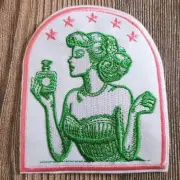Fancy Lady Retro Pink Green Perfume Witchy Embroidered Iron on Patch