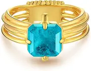 [GNIRTSI] Gold Simulated Emerald/Paraiba Ring for Women Solitaire 8MM Square Cut 14K Gold Plated Minimalist Stack Six-in-One Row Rolling Interlocking Wide Band Finger Jewelry Size 6-8