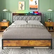 Double Bed Frame, Industrial Metal Bed Base with Headboard Storage and LED Light