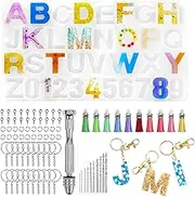 All in RED Box Alphabet Resin Mould kit Letter Number Silicone Molds Keychain Resin Jewelry Molds for Resin Casting with Keychain Tassels and Pin Vise Set for Making Keychain House Number