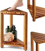 Uandhome Corner Shower Stool for Inside Shower,Waterproof Bamboo Shower Foot Rest for Shaving Legs,Shower Stool Shower Bench for Inside Shower with Storage Shelf for Small Shower Spaces
