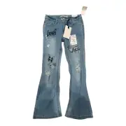 NWT Wallflower Girls The Hailey Flare Leg Pants Graffiti Rhinestone Light Blue 8