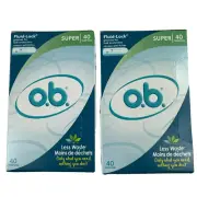 2 pk OB SUPER Tampons 40ct Applicator Free Fluid Lock (80 Tampons) Less Waste