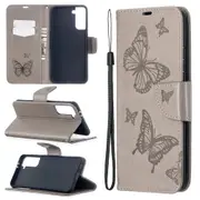 For Samsung Galaxy S21+ Plus Case Butterflies Emboss Folio PU Leather Wallet Cover, Kickstand, Lanyard, Grey