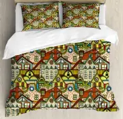 Retro Duvet Cover Set with Pillow Shams Old City Colorful Town Print