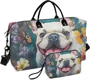 [YXYZRMY] Cute Pugdog Florals Travel Duffel Bag Gym Bag Sports Tote Bag with Multiple Interior Pockets Shoulder Weekender Bag for Women Men with Toiletry Bag 20.5”x 7.9”x 13.8”, Multi-Colored, one size
