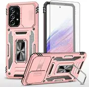 [Asuwish] Phone Case for Samsung Galaxy A73 5G with Tempered Glass Screen Protector and Slide Camera Cover Magnetic Ring Holder Kickstand Cell Accessories Protective A 73 S73 73A G5 Women Men Rose Gold
