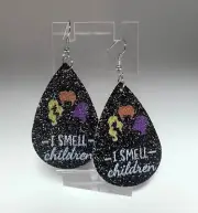 Halloween Whimsical Earrings "I smell children" teardrop shape Silver-tone #185