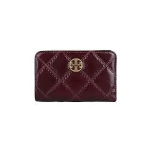 【TORY BURCH】Willa金色圓牌LOGO菱格紋皮革對折中夾(深果醬紅)