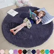 Purple Gray Rug for Bedroom,Fluffy Circle Rug 5'X5' for Kids Room,Furry Carpet for Teen's Room,Shaggy Circular Rug for Nursery Room,Fuzzy Plush Rug for Dorm,Grey Carpet,Cute Room Decor for Baby