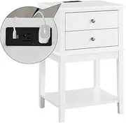 [conifferism] White Nightstand with Charging Station 28 inches Tall for Bedroom, Sofa Side Table with 2 Drawers,Large End Table with USB Ports,Modern Bedside Table for Home Living Room