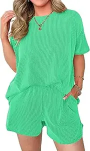 [miduo] Womens 2 Piece Sets Ribbed Textured Knit Casual Short Sleeve Shirts Shorts Two Piece Lounge Matching Set
