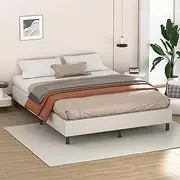 ALFORDSON Bed Frame Base Double Size Basel Series Without Bed Head, Mattress Topper Platform Foundation with Linen Fabric Upholstery for Bedroom, Fabric Beige