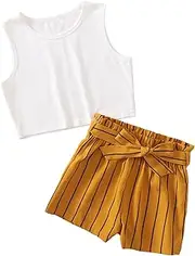 [iiniim] Kids Girls Summer 2Pcs Casual Clothes Sleeveless Stretchy Tank Top with Striped Print Bowknot Shorts Set Daily Wear