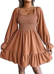 [Generic] Women's Square Neck Crewneck Swing Dress Lantern Long Sleeve Ruffle Dress Solid Color Flowy Party Mini Dress