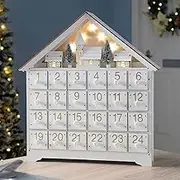 LED Christmas Advent Calendar with 24 Storage Drawers Wooden Advent Calendar Decorated with Christmas Tree House Reusable Xmas Countdown Calendar DIY for Adults Kids Gifts Holiday Decoration (White)