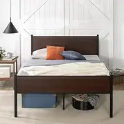 Zinus Queen Bed Frame, Industrial Metal Wooden Bamboo Bed Frame Base with Headboard, Black & Dark Wood, Bedroom Furniture, Brown