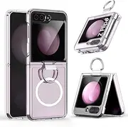 [MSOTES] for Galaxy Z Flip 6 Case with Ring Compatible with Magsafe, Built-in Strong Magnetic & Ring Holder, Crystal Clear Hard PC Anti-Yellowing Ultra-Thin Slim Fit Samsung Galaxy Z Flip6 (Clear)