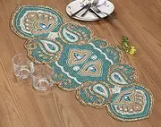 Beaded Table Runner, Glitz Table Runner, Decorative Table Runner, Farmhouse Table Runner - Hand Made by Skilled Artisans - A Beautiful Complement to Your Dinner Table Décor - 13x36 Inch - Teal Gold