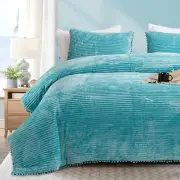 Teal Comforter Set Fluffy 3 Pcs Pom Fringe Velvet Comforter Queen Teal Blue