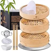 KITCHENCRUST Bamboo Steamer Basket for Chinese Asian Cuisine - 2 Tier 10-Inch Steaming Basket Bun Vegetable Steam, Dumpling Steamer bamboo steam basket, Sauce Dish, Chopsticks, Reusable Liners, Ring