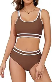 [SHEKINI] Women's High Waisted Bikini Sets Sporty Two Piece Swimsuit Color Block Cheeky Cute High Cut Bathing Suits