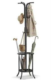 Freestanding Coat Rack with Umbrella Holder Metal Stand w/12 Hooks - Ink Black