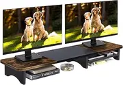 Monitor Stand with Drawer, Dual Monitor Stand Riser for Desk, Wooden Computer Monitor Stand & Desktop Shelf, Home Office Desk Accessories, 39.3"x10.6"x4.3" (Brown & Black)