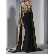 Cape Dress Black Tie Mermaid / Trumpet Elegant Dress Formal Wedding Sweep / Brush Train One Shoulder Lurex Fabric Stretch Crepe with Ruched Details 2025