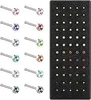 [UYGTHI] 60pcs Hypoallergenic Surgical Stainless Steel Nose Studs for Women and Men, Silver, Rose Gold, Black, and Rainbow Faux Nose Piercing Jewelry Pack, 1.8mm, Stainless Steel, Diamond
