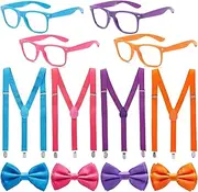 [Pinsway] 4 Pack Unisex Suspenders and Bow Tie Set with Glasses Frame, Suspender Bulk Costume Party Accessories for Men