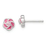 Sterling Silver Polished Enamel Flower Cz Post Earrings