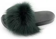 [Unpafcxddyig] Women Faux Fox Fur Slippers Feather Vegan Leather Open Toe Slip On Sandals