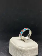 Native American Zuni inlay Turquoise And Coral Sterling Silver band ring size 10