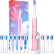 TEETHEORY Electric Toothbrush for Adults with Holder and 10 Brush Heads, Rechargeable Toothbrush Electric Fast 2 Hr Charge Last 35 Days, 40000 VPM and 3 Modes,Smart Timer-Pink