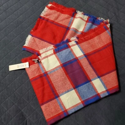 NWT Large Merona Blanket Scarf Wrap Blue Red Beige Plaid Soft 27" x 76"