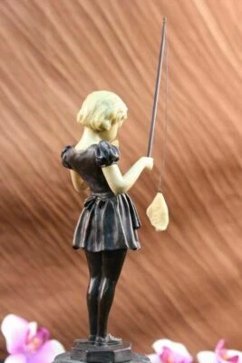 Museum Quality Girl Go Fishing Genuine Bronze Statue Handmade Gift Decorative