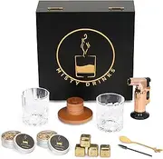 Whiskey Smoker Kit with Torch. Cocktail Wine Bourbon Smoke infuser Set. Flavor Wood Chips, Glasses, Reusable Ice Cubes. Gift for Men Dad Husband Whisky Lover Gift. Old Fashioned Smoker Kit (no butane)