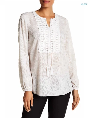 NWT T Tahari Cierra Lace Bib Peasant Blouse In GREY HAZE Size S