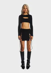 [Kiki Riki] Black Crop Top And Tie Slit Skirt Set