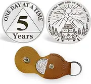 CHURYUML 5 Year Sobriety Coin One Day at A Time Sobriety Chip Five Year AA Recovery Medallions Sober Affirmation Token Sobriety Gifts for Men Women Alcoholics Anonymous Gift with PU Leather Keychain