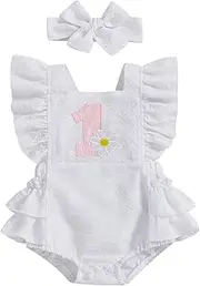 [SYHVGI] Baby Girl First Birthday Outfit Cute Ruffled Cap Sleeve Bodysuit Smocked Bubble Romper Cake Smash Clothes