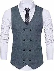 [HEYDHSDC] Men V Neck Herringbone Double Button Waistcoat For Wedding Birthday Party Businee Work Suit Waistcoat Light Blue Xxxl