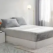 YASMENG 1 Pack Silver Grey Plush Velvet King Fitted Sheet Only, Ultra Soft Shaggy Fleece Fitted Bottom Sheet with 16" Deep Pocket, Warmth Fuzzy Sherpa Velvet Mattress Protector for Fall Winter Spring
