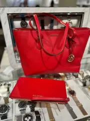 Michael Kors Sheila Women Large MF Tote Bag+Clutch Wristlet Wallet (Bright Red)