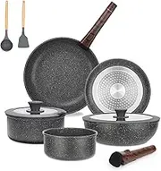 16PCS Pots and Pans with Removable Handles, Customized Handle Adjustable, Stackable RV Cookware with Deluxe Large Size, Dishwasher & Oven Safe, Induction Cookware Set Non Stick, Granite Dark Gray